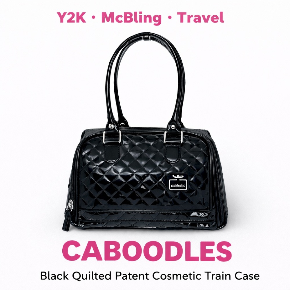 Caboodles Black Quilted Patent Makeup Train Case w Mirror Organizer